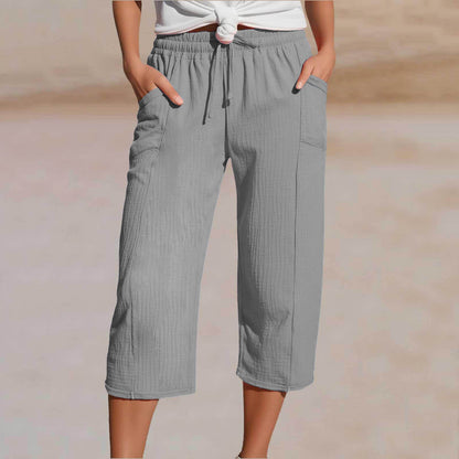 🌸Pantalones cropped plisados de color sólido para mujer, de algodón y lino