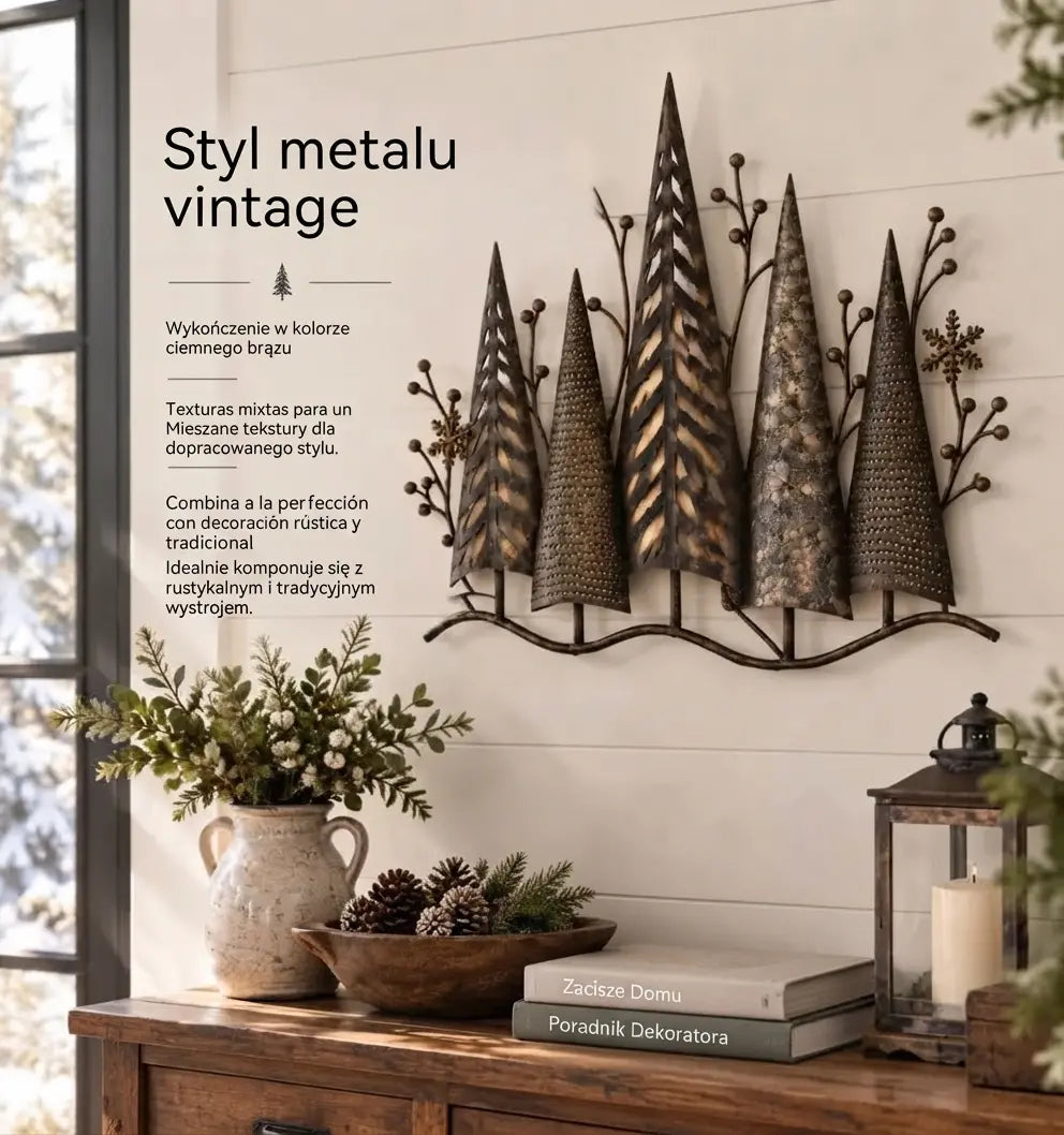🎄🕯️ Podświetlana metalowa dekoracja ścienna z motywem leśnym i w stylu vintage 🌙