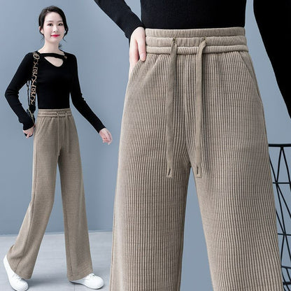 🔥 👖👖Nuevos pantalones casuales de terciopelo de pierna ancha para mujer, muy cómodos de llevar, de cintura alta con cordón y corte holgado.