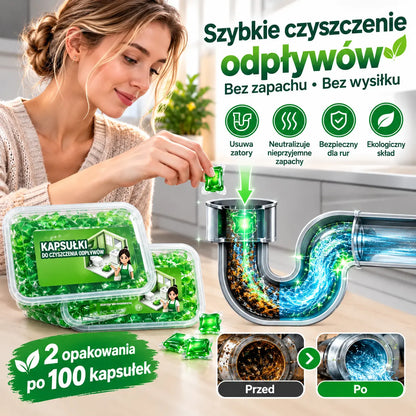 Zestaw 2 opakowań (łącznie 100 kapsułek) w cenie 109 PLN. Rozpuszczalne w wodzie kapsułki dezodoryzujące, przeznaczone do usuwania nieprzyjemnych zapachów z odpływów.