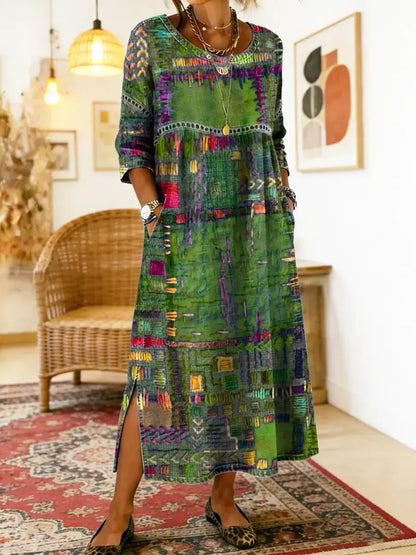 💟【50% DE DESCUENTO】Vestido de algodón con estampado étnico y patchwork para mujer con ribete de encaje