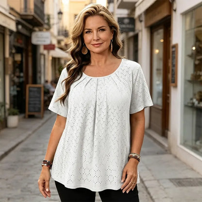 【L-6XL】Bluză Elegantă de Damă cu Broderie Sparte și Pliuri la Decolteu, Tricou Lejer cu Mânecă Scurtă, Cămașă Texturată în Stil Francez