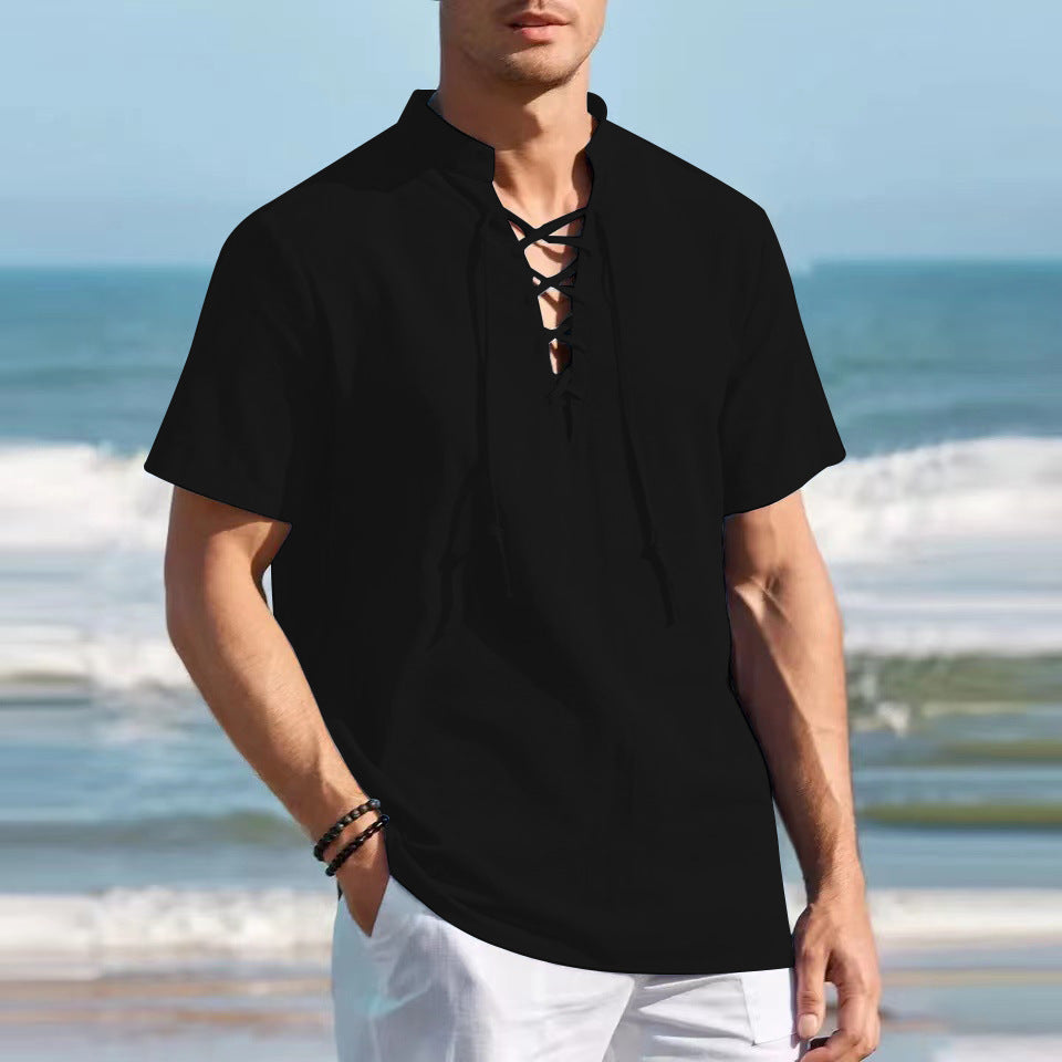 👔 50% zniżki 🔥 Męska koszula henley z bawełny i lnu (40-100 kg), duży rozmiar, dekolt w serek ze sprzączką ✅️ Płatność przy odbiorze