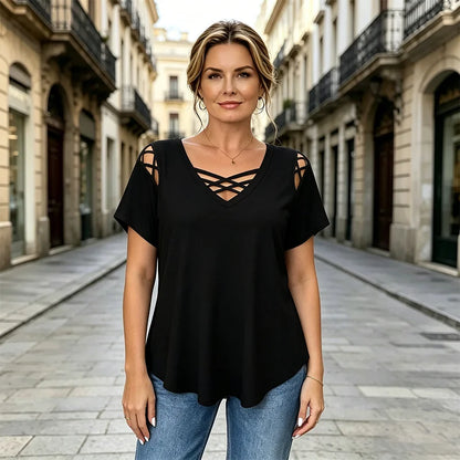 🔥【Zniżka ograniczona czasowo】【S-5XL】🔥👚 Koszulka wykonana w 100% z bawełny, z dekoltem w serek, wzorem w kratkę i wycięciami | nowoczesna i przewiewna
