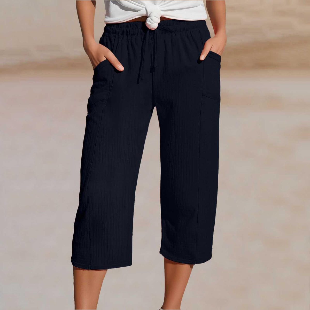 🌸Pantalones cropped plisados de color sólido para mujer, de algodón y lino
