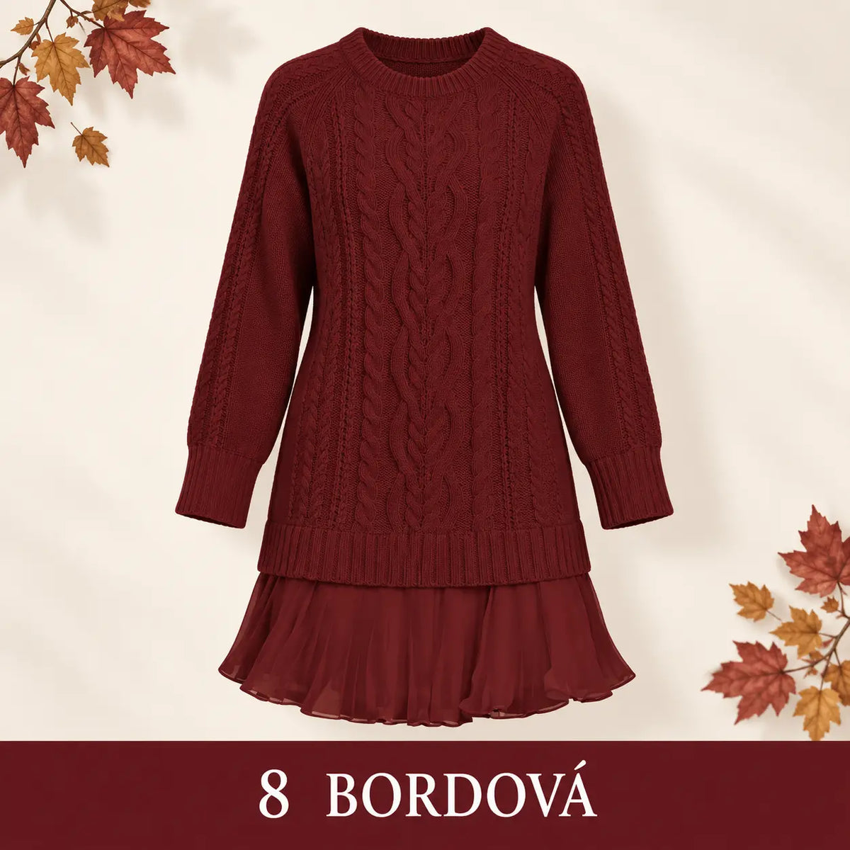 🧶 Elegantné pletené šaty s plisovaným lemom — pohodlný štýl na chladnejšie dni, dostupné vo veľkostiach S–3XL.