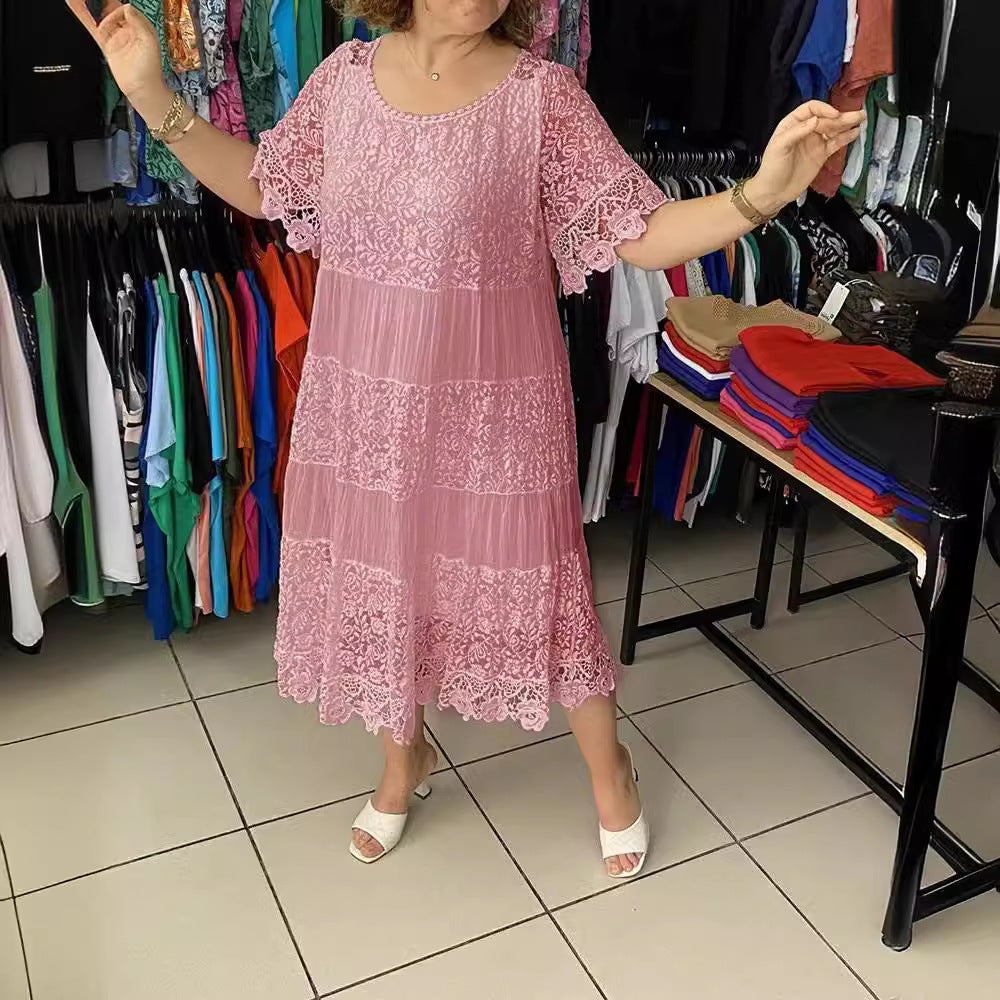 [S-5XL] Nowa koronkowa sukienka z okrągłym dekoltem i krótkim rękawem