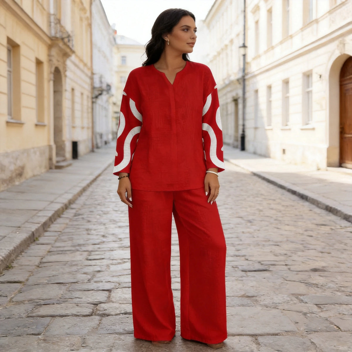 Elegancki damski komplet 2-częściowy: bluzka z nadrukiem w stylu vintage i spodnie z szerokimi nogawkami, miękki, oddychający i swobodny materiał