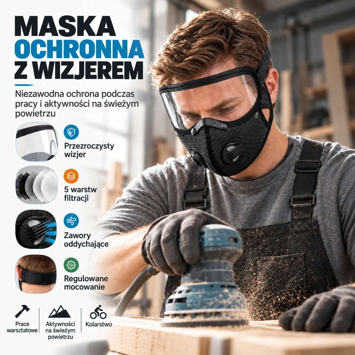 🔥 【OFERTA LIMITOWANA: Kup 1, drugi otrzymasz gratis】 Wielofunkcyjna maska ochronna do sportu i pracy 🚴 | Odpinana szybka HD · Idealna do jazdy na rowerze, koszenia trawy i prac w zapyleniu · 4 kolory