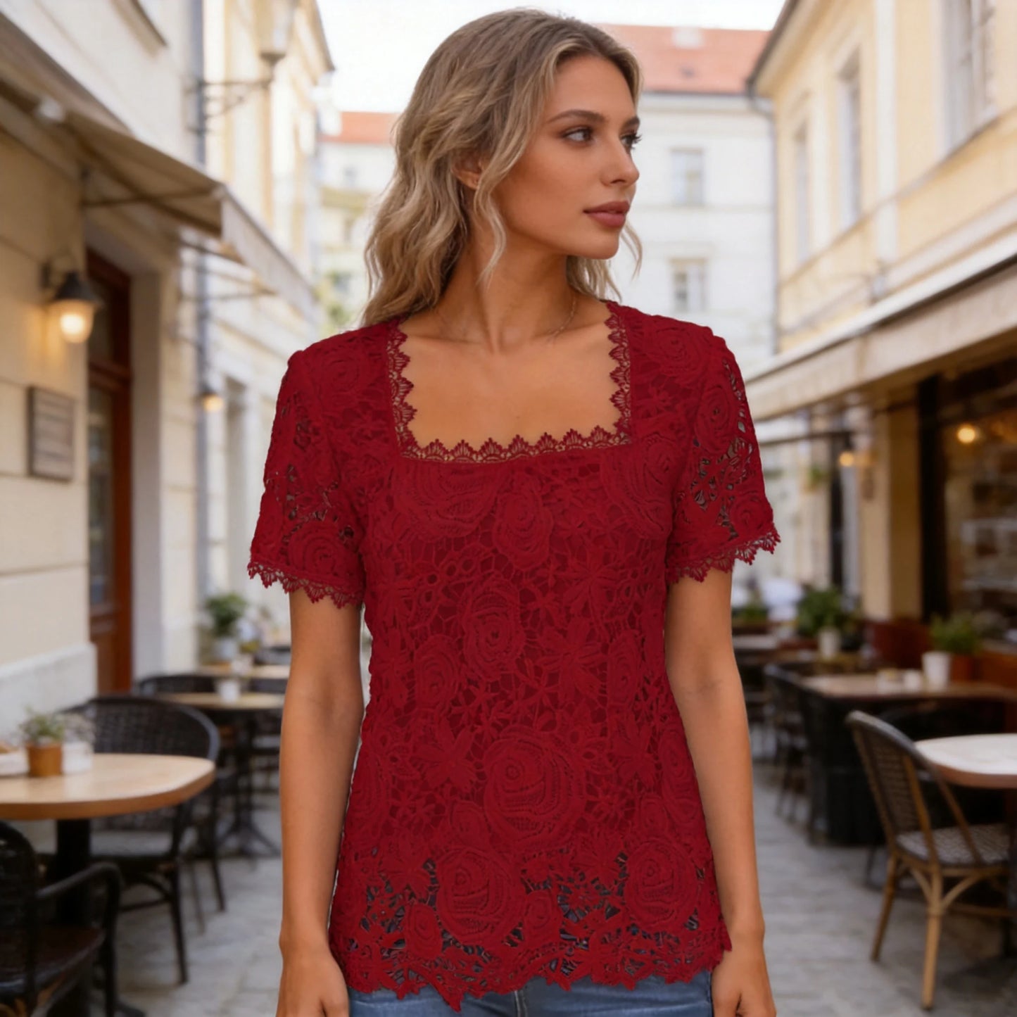 👚Bluzka z krótkim rękawem, kwadratowym dekoltem i koronkowymi wycięciami w stylu francuskim