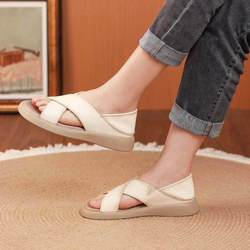 💕【35-42】Sandalias de verano 2025 informales, cómodas y suaves de piel auténtica para mujer, zapatos planos de playa
