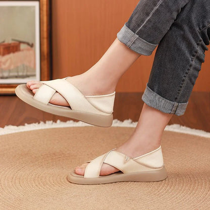 💕【35-42】Sandalias de verano 2025 informales, cómodas y suaves de piel auténtica para mujer, zapatos planos de playa