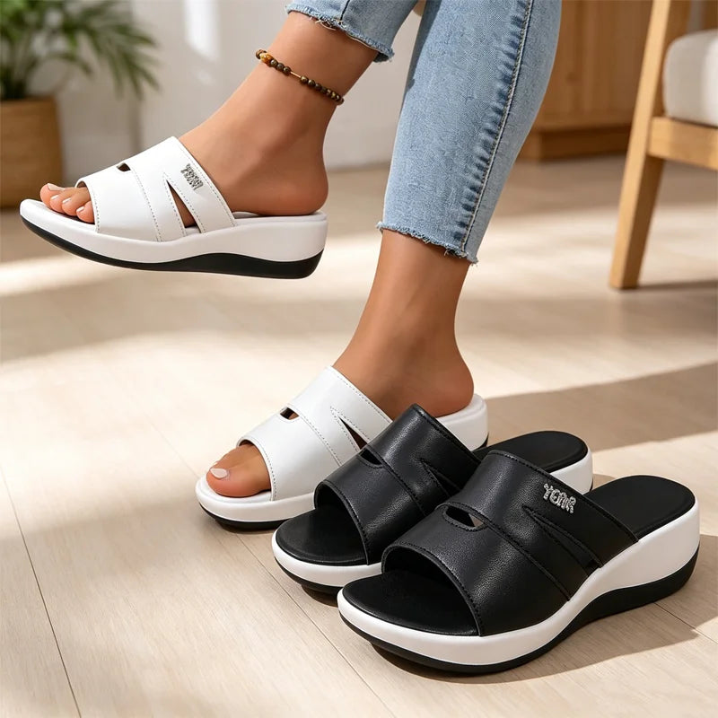 🖤Eleganckie kapcie ze skóry naturalnej z cyrkoniami i koturnem