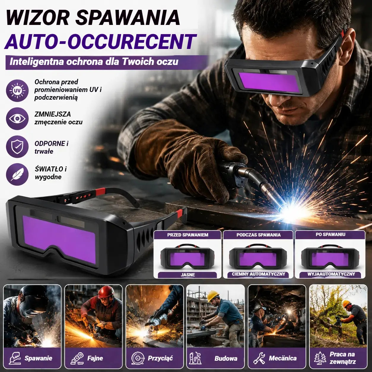 Okulary ochronne do spawania łukiem elektrycznym, zmieniające kolor gogle spawalnicze.