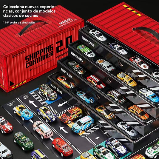 💥50% de descuento🎁 Set de regalo de juguete de 48 mini contenedores de hojalata para autos con parte trasera retráctil y garaje incorporado