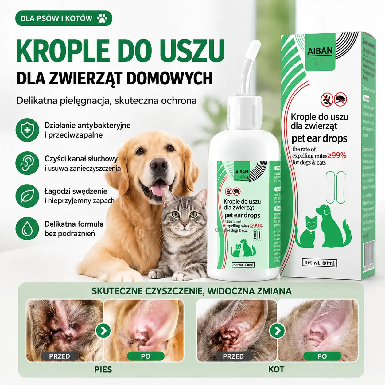 【Hit sprzedaży】🐶🐱 Płyn do czyszczenia uszu zwierząt | Łagodzi swędzenie uszu 👂 Odpowiedni dla psów i kotów