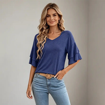 Damska letnia bluzka z czystej bawełny, dekolt w serek – elegancki T-shirt z bufiastymi rękawami, miękki, oddychający i przyjazny dla skóry materiał