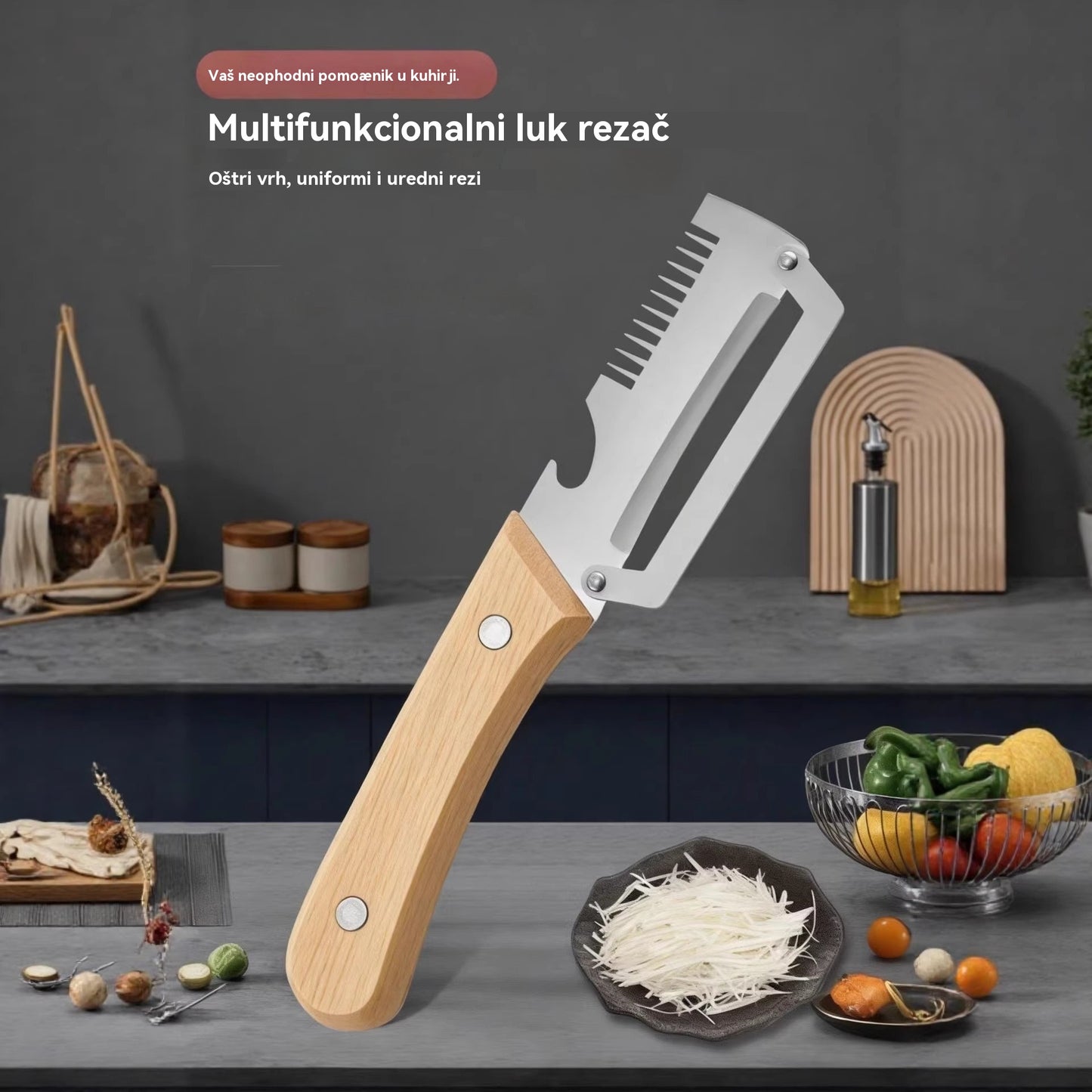 ✅【Kupite 1, dobijte 1 gratis!】🧅🔪 Višenamjenska kuhinjska gulilica 3 u 1: Guli, reže i otvara čepove boca! 🔥