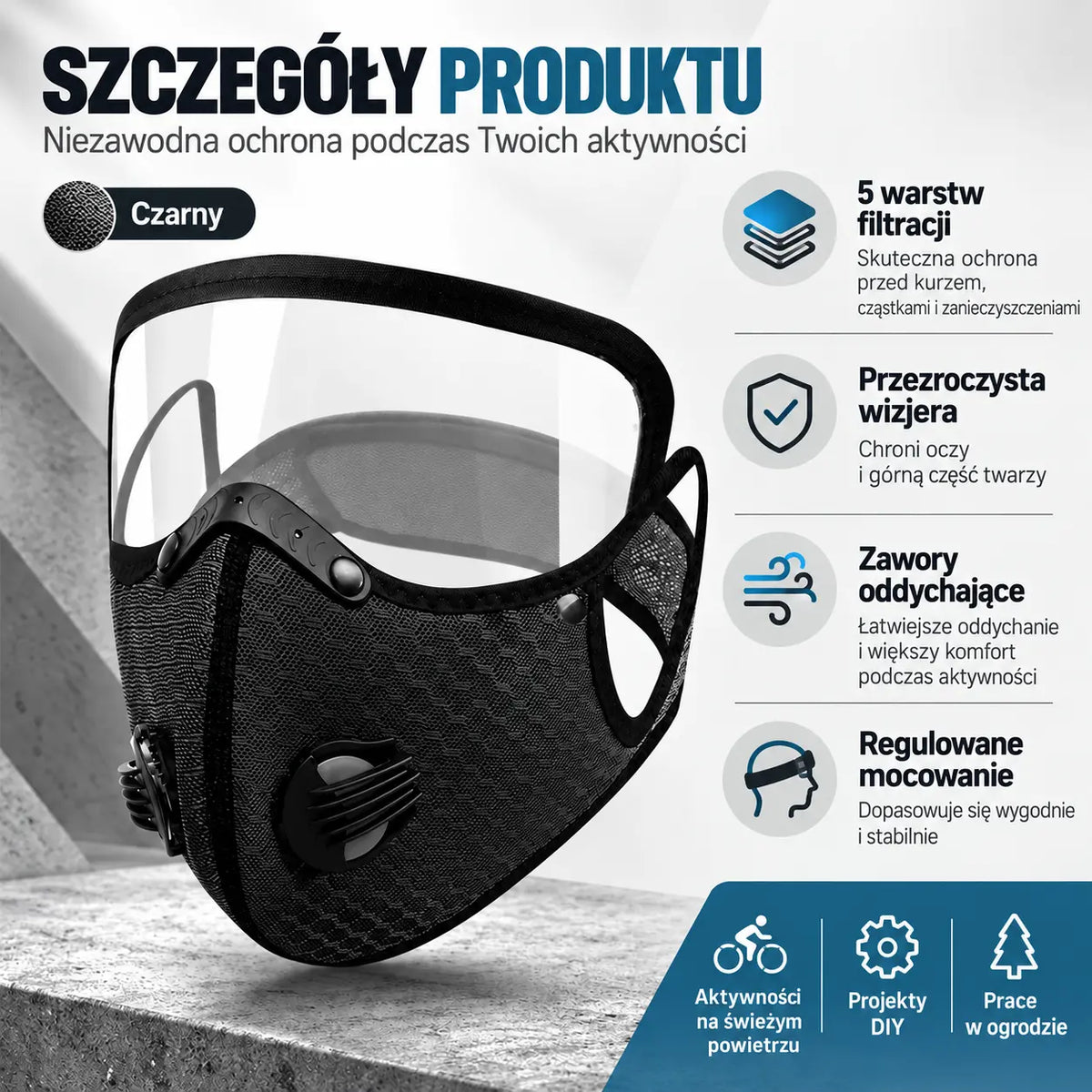 🔥 【OFERTA LIMITOWANA: Kup 1, drugi otrzymasz gratis】 Wielofunkcyjna maska ochronna do sportu i pracy 🚴 | Odpinana szybka HD · Idealna do jazdy na rowerze, koszenia trawy i prac w zapyleniu · 4 kolory