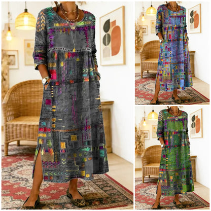 💟【50% DE DESCUENTO】Vestido de algodón con estampado étnico y patchwork para mujer con ribete de encaje