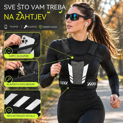 🏃 Prsluk za trčanje i sport s džepom na prsima · Džep za mobitel s patentnim zatvaračem · Stražnji držač za bocu s vodom · Reflektirajući detalji za noćne uvjete · Prozračna mrežica i podesive trake!