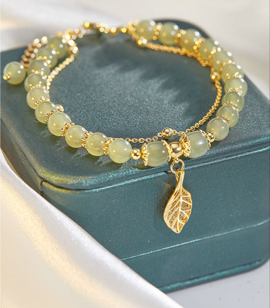 ✨Compra una y llévate otra gratis🔥Pulsera de jade hetiano con hoja de albaricoque en oro de 14 quilates (2025)