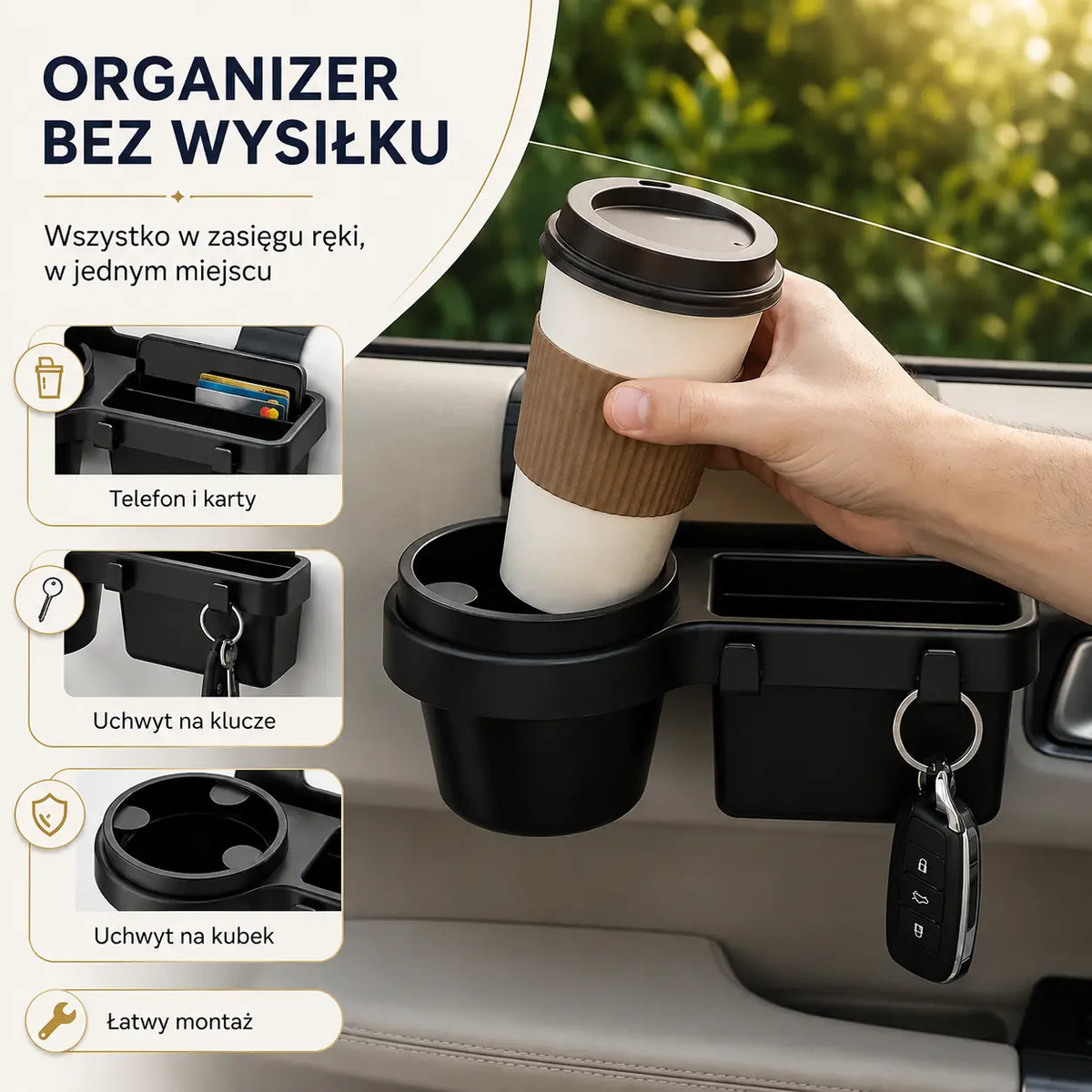 Wielofunkcyjny samochodowy uchwyt 4 w 1 do drzwi – Uchwyt na kubek z antypoślizgowymi zaciskami, schowek na telefon, wnęka na karty i zintegrowane haczyki 🚗🥤📱✨