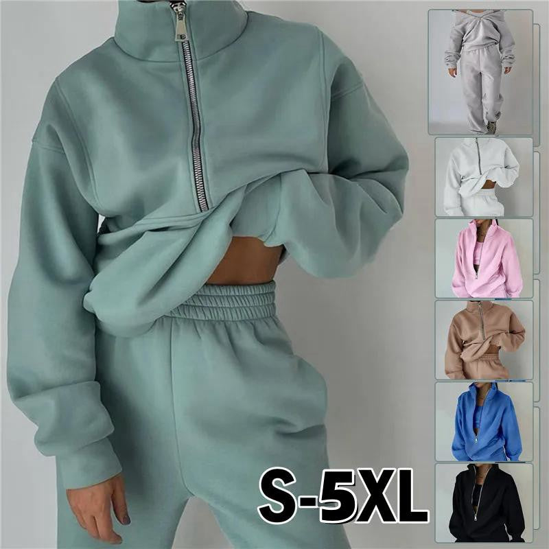 ✨Плащане при доставка ✅【S-5XL】Дамски комплект от две части - подсилен суитшърт и спортен панталон, ежедневно спортно облекло