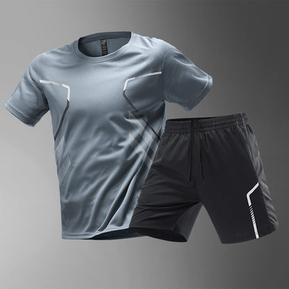 [M-5XL] Dwuczęściowy męski kombinezon sportowy wykonany z szybkoschnącego materiału ice silk – wygodna koszulka z krótkim rękawem i spodenki