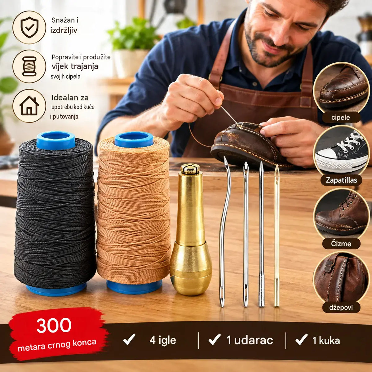 ✨Sada 50 % popusta!✨ Set od 5 dijelova za šivanje kože (šilo i voštani konac): alat za ručno šivanje i obradu kože.