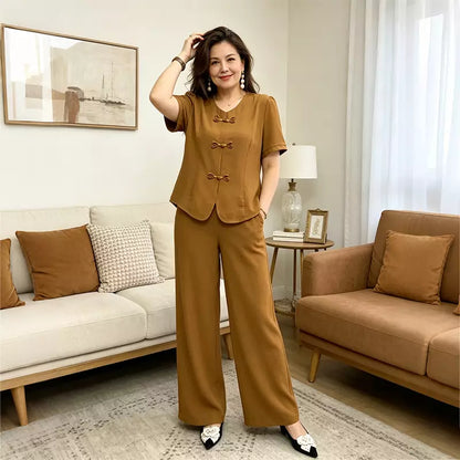 🔥【Zniżka ograniczona czasowo】【M-4XL】🔥Elegancki garnitur damski w stylu casualowym z lekkiego materiału – fason z ozdobnymi guzikami i luźnymi spodniami