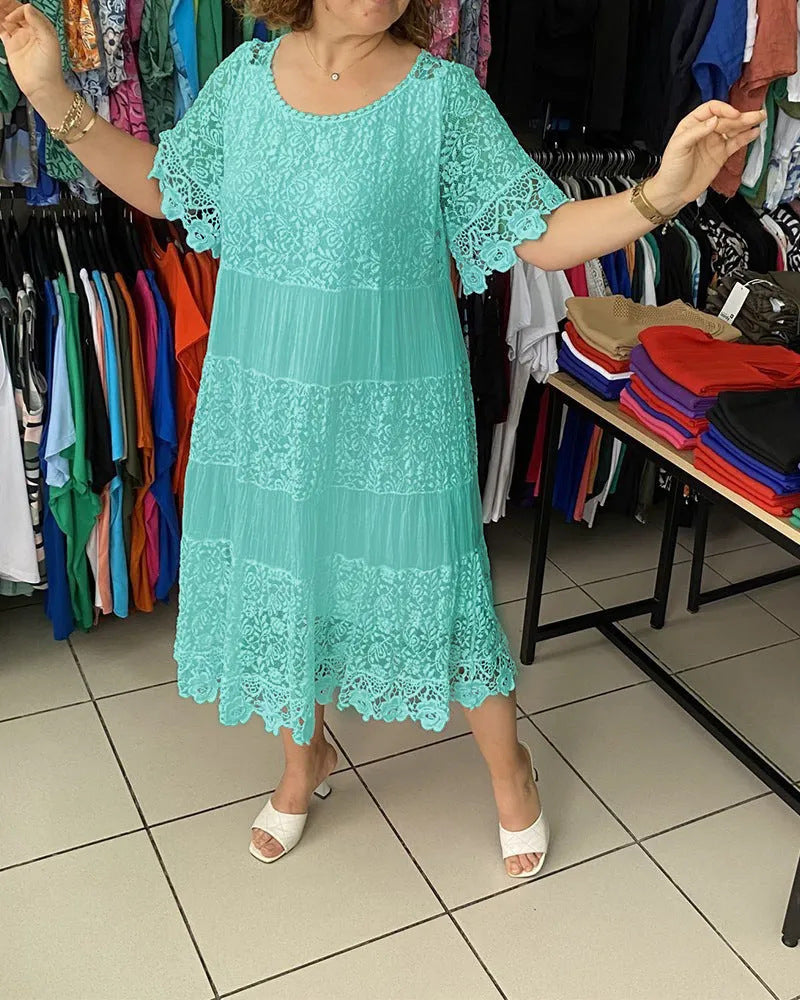 🔥【50% DE DESCUENTO】✨✨✨【S-5XL】Nuevo vestido 2026 con mangas cortas, escote redondo y encaje.