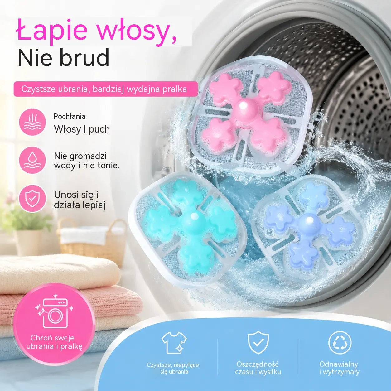 🌀6 sztuk, 99 zł✨ Pływający filtr do pralki – wyłapuje kłaczki, włosy i sierść zwierząt podczas każdego prania 🧺
