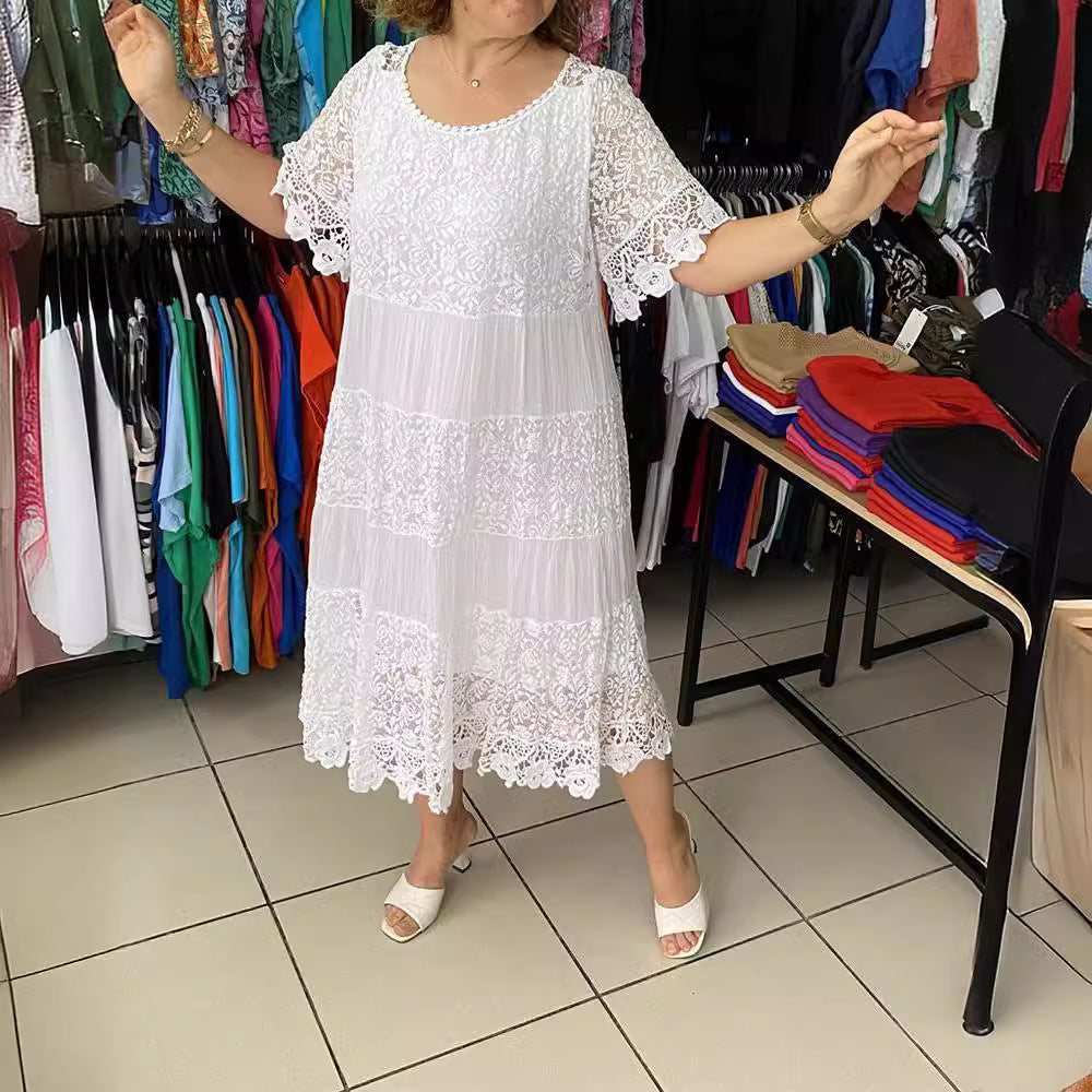 🔥【50% DE DESCUENTO】✨✨✨【S-5XL】Nuevo vestido 2026 con mangas cortas, escote redondo y encaje.