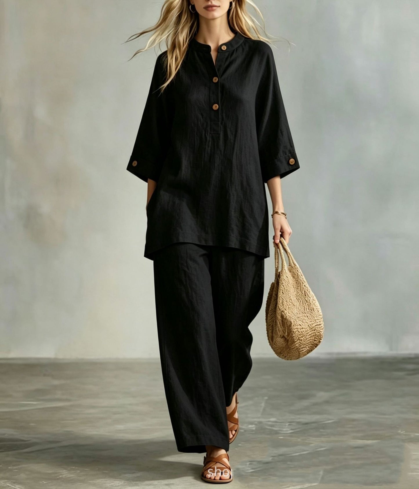 【S-5XL】Luźny, wakacyjny garnitur, eleganckie i stylowe spodnie z drewnianymi guzikami.