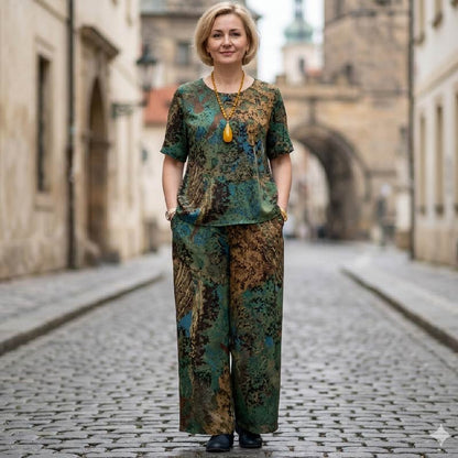 🔥【XL-5XL】🔥Modny i wygodny jedwabny garnitur z krótkim rękawem i okrągłym dekoltem