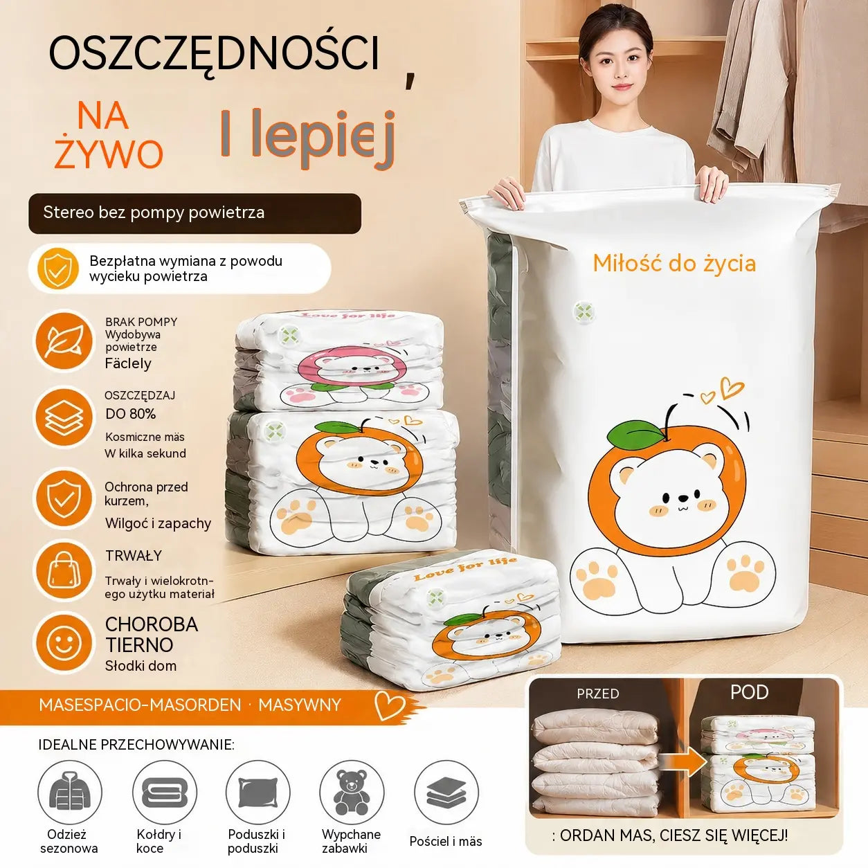 ✨🗃️ Zestaw 5 elementów 💨 Duże kompresowalne torby do przechowywania: Nie wymagają pompki, są szczelne, idealne do oszczędzania miejsca w walizce i w domu ✈️