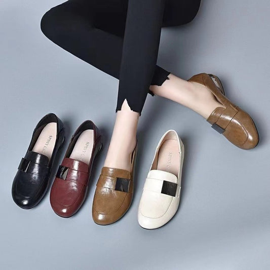 【35~41】Zapatos sin cordones con punta cuadrada y tacón grueso de cuero suave estilo británico de moda para mujer
