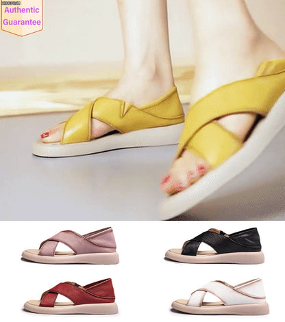 💕【35-42】Sandalias de verano 2025 informales, cómodas y suaves de piel auténtica para mujer, zapatos planos de playa