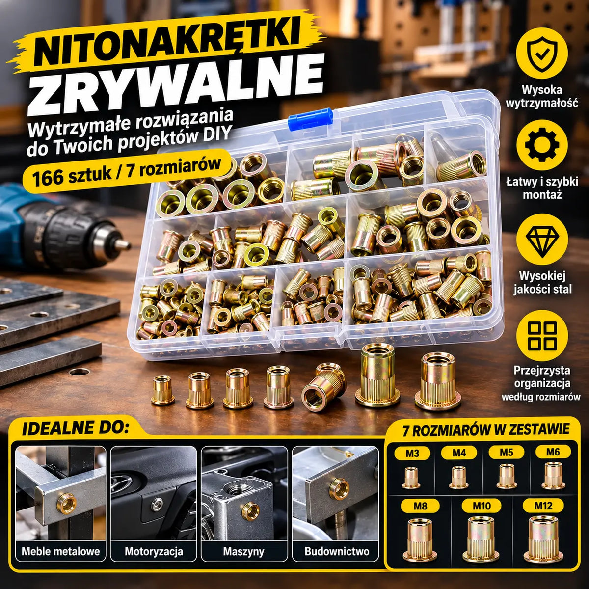 【166 elementów】🏆Ostatni dzień tej specjalnej oferty – zaoszczędź 49%!🛠️Zestaw narzędzi do nitonakrętek, zawiera nitonakrętki w rozmiarach M3, M4, M5, M6 oraz M8