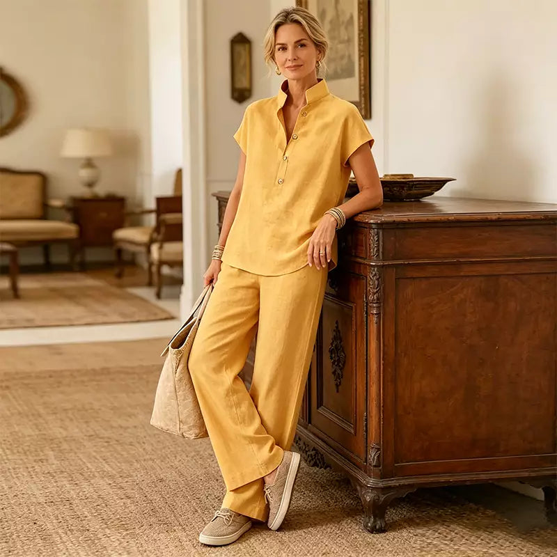 🔥【Zniżka ograniczona czasowo】【S-3XL】✨Komplet damski z lnu i bawełny – bluzka z krótkim rękawem i spodnie z szerokimi nogawkami, swobodny, elegancki styl letni