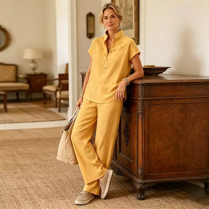 🔥【Zniżka ograniczona czasowo】【S-3XL】✨Komplet damski z lnu i bawełny – bluzka z krótkim rękawem i spodnie z szerokimi nogawkami, swobodny, elegancki styl letni