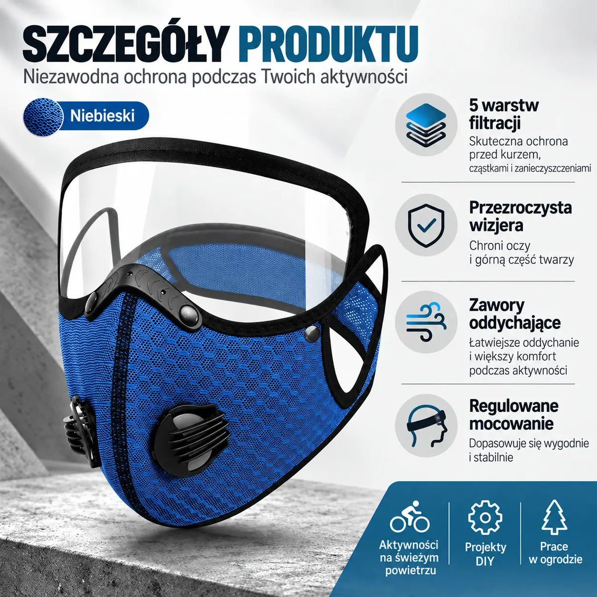 🔥 【OFERTA LIMITOWANA: Kup 1, drugi otrzymasz gratis】 Wielofunkcyjna maska ochronna do sportu i pracy 🚴 | Odpinana szybka HD · Idealna do jazdy na rowerze, koszenia trawy i prac w zapyleniu · 4 kolory