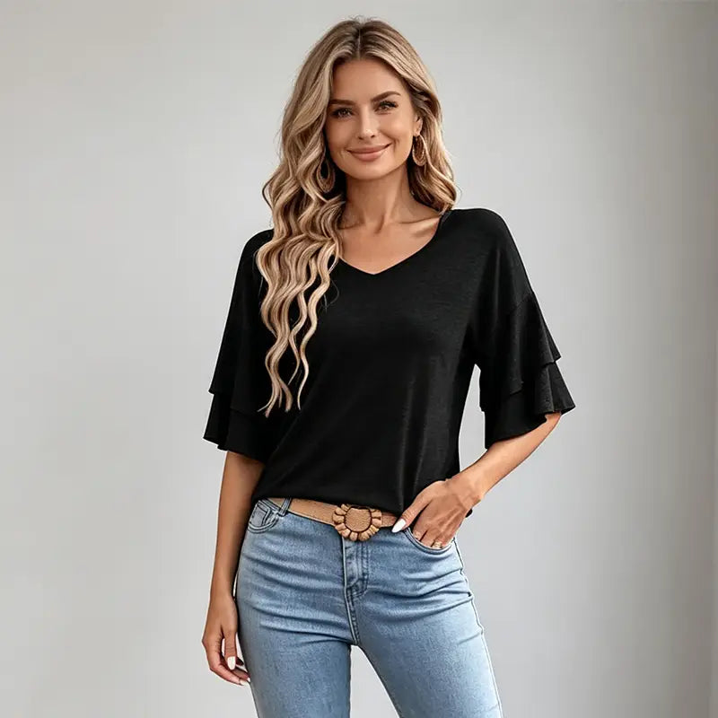 Damska letnia bluzka z czystej bawełny, dekolt w serek – elegancki T-shirt z bufiastymi rękawami, miękki, oddychający i przyjazny dla skóry materiał