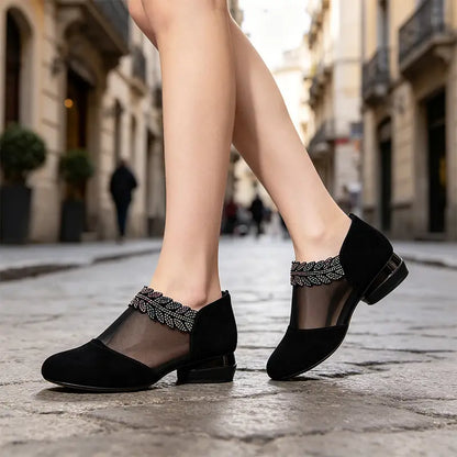 👡【Zniżka ograniczona czasowo】【36-41】💎 Buty na niskim obcasie, siateczka i kryształki, styl francuski