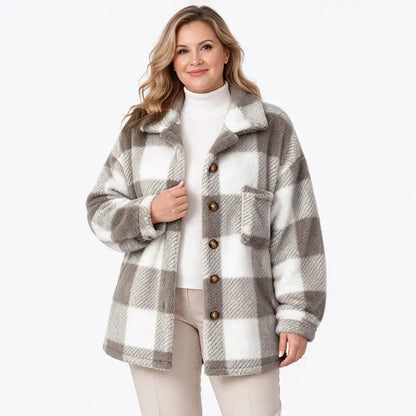 🧥【S-5XL】Damski pluszowy płaszcz w kratę, gruby materiał ze sztucznego futra, luźny krój, ciepła kurtka jesienno-zimowa🥰