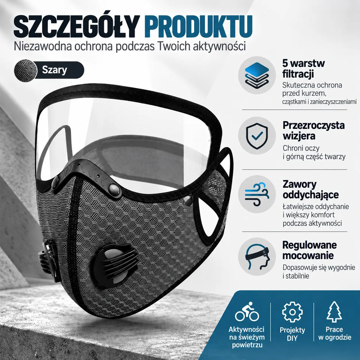 🔥 【OFERTA LIMITOWANA: Kup 1, drugi otrzymasz gratis】 Wielofunkcyjna maska ochronna do sportu i pracy 🚴 | Odpinana szybka HD · Idealna do jazdy na rowerze, koszenia trawy i prac w zapyleniu · 4 kolory