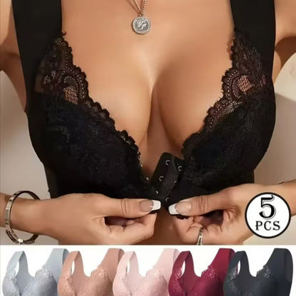 💖Najniža cijena za ograničeno vrijeme【Set od 5 dijelova】【40-100 kg】😍🩲Veliki push-up grudnjak s prekrasnim čipkastim leđima, push-up izrezom i kopčanjem sprijeda