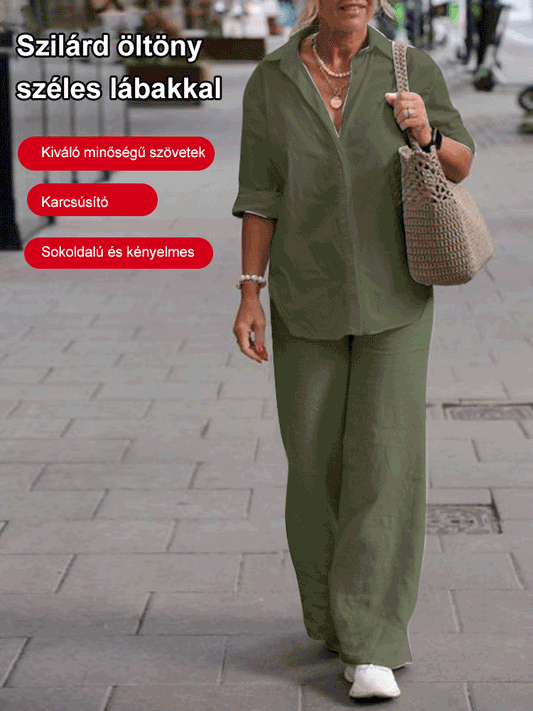 🥰2025 Europski i američki proljeće/jesen ženski jednobojni ležerni komplet širokih nogavica (majica s dugim rukavima na preklop + hlače)