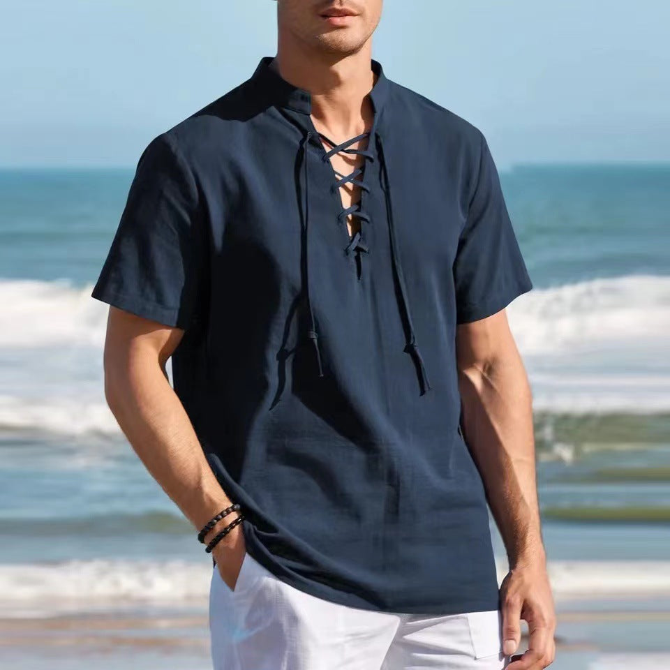 👔 50% zniżki 🔥 Męska koszula henley z bawełny i lnu (40-100 kg), duży rozmiar, dekolt w serek ze sprzączką ✅️ Płatność przy odbiorze